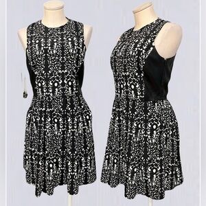 HUNTER BELL black and white abstract print with leather trip sleeveless dress